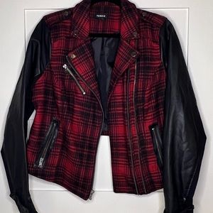 Torrid Red Black Plaid Moto Faux Leather Jacket Size 0 14